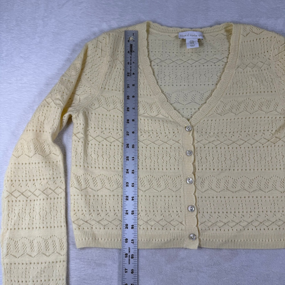 House of Harlow 1960 Yellow 100% Cashmere Pointelle Knit Cropped Cardigan M - Picture 4 of 8